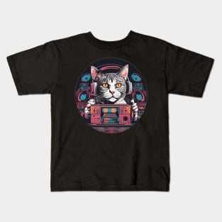 Retro funky feline music cat dj Kids T-Shirt